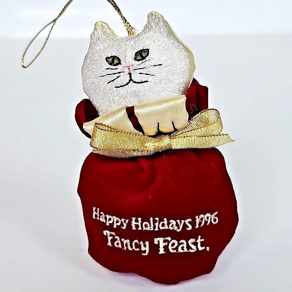 1996 Fancy Feast Cat Ornament Red Velvet Sack White Persian Holiday Collectible